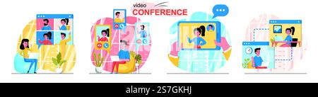 Set di scene per conferenze video. I dipendenti effettuano videochiamate a colleghi, uomini e donne si incontrano online con gli amici. Raccolta di persone attività. Illustrazione vettoriale dei caratteri in un design piatto Illustrazione Vettoriale