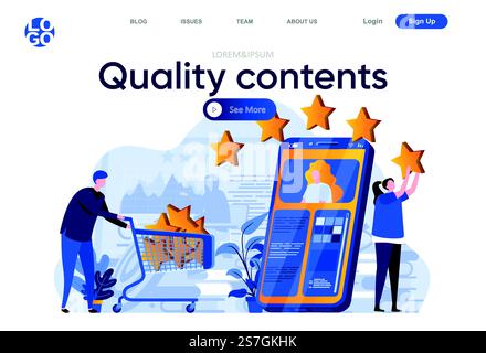 Pagina di destinazione piatta per contenuti di qualità. Pubblicazione e revisione di illustrazioni vettoriali di contenuti digitali di qualità da parte del team creativo. Composizione di pagine Web di marketing e pubblicazione sui social media con personaggi delle persone Illustrazione Vettoriale