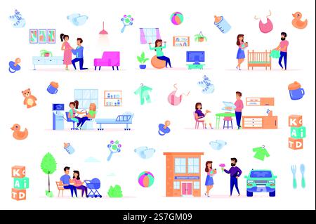 Pacchetto gravidanza di scene piatte. Vita quotidiana durante la gravidanza e dopo il parto set isolato. Esame medico, esercizio sportivo, maternità ospedale, camminata nel parco. Illustrazione vettoriale cartoni animati. Illustrazione Vettoriale