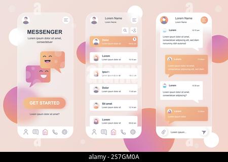 Kit di elementi pneumatici Messenger per app mobile. Elenco chat, messaggio in arrivo, corrispondenza online, comunicazione. Set di schermate UI, UX, GUI. Illustrazione vettoriale di modelli in design vetmorfico Illustrazione Vettoriale