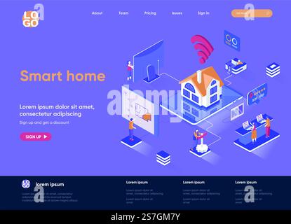 Pagina di destinazione isometrica Smart Home. Controllo della casa online, monitoraggio e gestione, automatizzazione dei sistemi domestici pagina Web isometria. Modello piatto del sito Web, illustrazione vettoriale con caratteri persone. Illustrazione Vettoriale