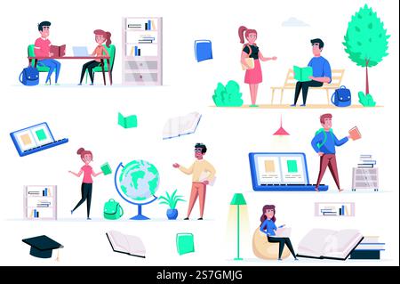 Set di elementi isolati di ritorno a scuola. Gruppo di alunni in classe, studenti che leggono nel parco, fanno i compiti, apprendimento online, istruzione. Kit di creazione per l'illustrazione vettoriale in un design a cartoni animati piatto Illustrazione Vettoriale