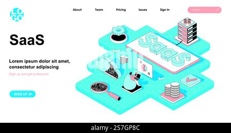 Concetto isometrico SaaS. Distribuzione di software tramite abbonamento, servizio di acquisto di licenze e abbonamenti, banner Web isometria lineare. Illustrazione vettoriale nella progettazione 3d per la landing page Illustrazione Vettoriale