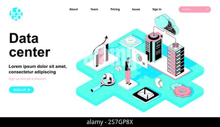 Concetto isometrico del data center. Tecnologia di cloud storage e computing, sala server per data center, networking di database, banner Web a isometria lineare. Illustrazione vettoriale nella progettazione 3d per la landing page Illustrazione Vettoriale