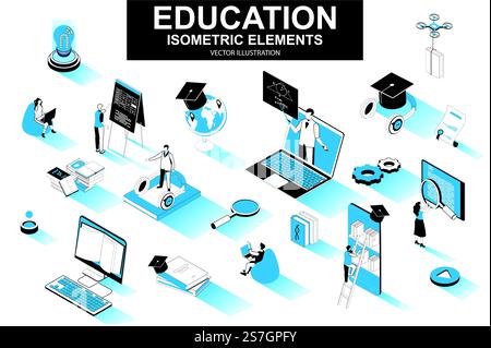 Pacchetto didattico di elementi isometrici. Titolo accademico, biblioteca online, studente in studio, apprendimento a distanza, webinar, icone isolate delle esercitazioni. Kit di illustrazione vettoriale isometrica con caratteri persone. Illustrazione Vettoriale