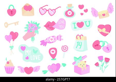 Set di oggetti isolati per San Valentino. Collezione di serratura a cuore, chiave, lettera, occhiali, pozione d'amore, fiori di rosa, bacio, palloncino, calendario, regalo. Illustrazione vettoriale degli elementi di progettazione in un cartone animato piatto Illustrazione Vettoriale