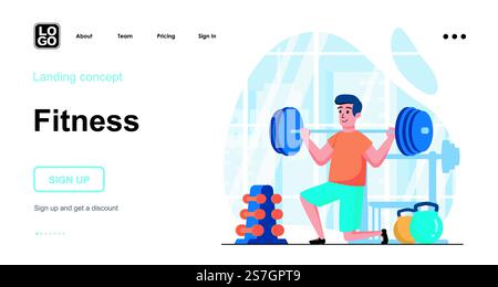 Concetto Web di fitness. L'uomo solleva il barbell in palestra, fa allenamento di forza e bodybuilding. Modello di scene di persone. Illustrazione vettoriale con attività di carattere in design piatto per il sito Web Illustrazione Vettoriale