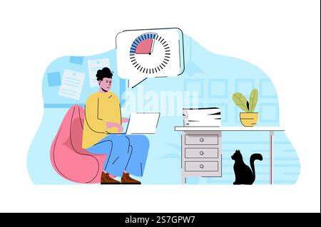 Il concetto di scadenza sta arrivando. Dipendente che lavora e cerca di completare l'attività in base alle tempistiche. Il lavoro lo stress la scena delle persone. Illustrazione vettoriale con design a carattere piatto per sito Web e sito mobile Illustrazione Vettoriale