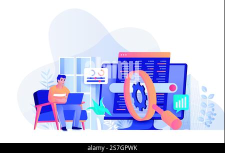Concetto di ottimizzazione SEO nella progettazione piatta. Impostazione del modello di scena del motore di ricerca. L'uomo lavora su un notebook, promuove il sito web, aumenta il posizionamento del traffico. Illustrazione vettoriale delle attività dei personaggi delle persone Illustrazione Vettoriale