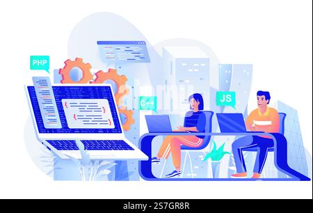 Concetto di programmazione del software in design piatto. Sviluppatori che lavorano sul modello di scenografia del progetto. Programmatori che lavorano su laptop, codifica, sviluppo. Illustrazione vettoriale delle attività dei personaggi delle persone Illustrazione Vettoriale