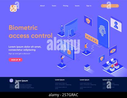 Design della landing page isometrica per il controllo degli accessi biometrico. La scansione delle impronte digitali fornisce il concetto di isometria degli accessi di sicurezza. Pagina Web piatta per l'identificazione biometrica. Illustrazione vettoriale con caratteri persone. Illustrazione Vettoriale