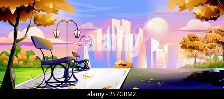Pagina di destinazione del parco cittadino autunnale. Parco pubblico autunnale con alberi di foglie di arancio, panche di legno, lanterne e sentieri, grattacieli all'orizzonte. Sfondo banner Web Cityscape. Illustrazione vettoriale cartoni animati Illustrazione Vettoriale