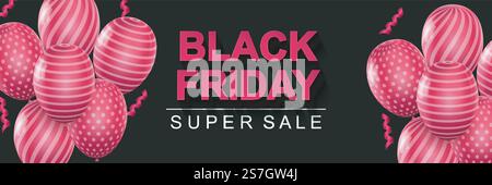 Banner super saldi Black Friday. Sfondo orizzontale nero con palloncini e nastri rosa. Poster dei grandi sconti stagionali. Illustrazione vettoriale con elementi realistici per il sito Web di intestazione Illustrazione Vettoriale