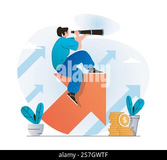 Ricerca del concetto di opportunità in un moderno design piatto. La donna guarda attraverso Spyglass e cerca nuovi progetti di business o posti vacanti. Raggiungimento degli obiettivi di carriera e crescita professionale. Illustrazione vettoriale Illustrazione Vettoriale