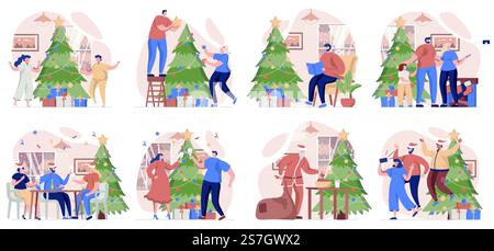 Collezione natalizia di scene isolate. La gente fa pupazzo di neve, regala regali e festeggia le vacanze a casa, con un design piatto. Illustrazione vettoriale per blog, sito Web, app mobile, materiali promozionali Illustrazione Vettoriale