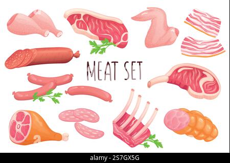 Set di icone della carne nella progettazione 3d realistica. Fascio di ali di pollo e cosce, bistecche, costolette, pancetta, prosciutto, salsicce e altro. Collezione di prodotti per macelleria. Illustrazione vettoriale isolata su sfondo bianco Illustrazione Vettoriale