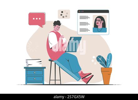 Concetto di chat video isolato. Gli amici parlano con le videochiamate nel Messenger. Le persone fanno scene con un design piatto dei cartoni animati. Illustrazione vettoriale per blog, sito Web, app mobile, materiali promozionali. Illustrazione Vettoriale