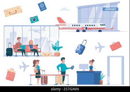 Set di elementi isolati per terminali aeroportuali. Il pacchetto di passeggeri controlla i passaporti, i turisti con i bagagli seduti in sala d'attesa, viaggio nel mondo. Kit di creazione per l'illustrazione vettoriale in un design a cartoni animati piatto Illustrazione Vettoriale
