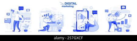 Set isolato per il marketing digitale con design piatto. Le persone attraggono nuovi clienti e promozione online, raccolta di scene. Illustrazione vettoriale per blog, sito Web, app mobile, materiali promozionali. Illustrazione Vettoriale