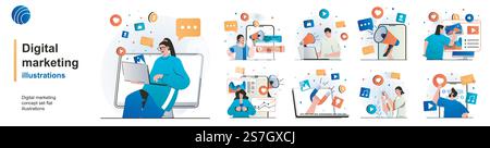 Set isolato per il marketing digitale. Promozione online e attrarre nuovi clienti. Collezione di scene dal design piatto. Illustrazione vettoriale per blog, sito Web, app mobile, materiali promozionali. Illustrazione Vettoriale