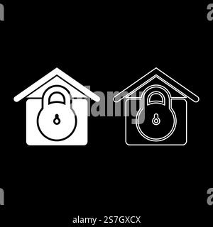 Protezione per la casa con lucchetto di sicurezza con sistema di protezione con lucchetto icona di protezione con vettore di colore bianco immagine immagine semplice contorno pieno linea di contorno sottile e piatto. Protezione per la casa con lucchetto di sicurezza con sistema di protezione con lucchetto icona di sicurezza con immagine vettoriale di colore bianco contorno pieno linea sottile e piatta Illustrazione Vettoriale