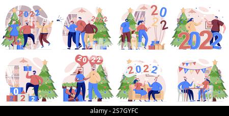 Happy New Year raccolta di scene isolate. Persone che festeggiano il 2022, si divertono alla festa natalizia, con un design piatto. Illustrazione vettoriale per blog, sito Web, app mobile, materiali promozionali. Illustrazione Vettoriale