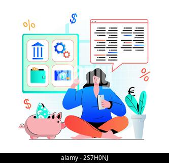 Concetto di mobile banking in un moderno design piatto. La donna ha un conto finanziario, un portafoglio elettronico, utilizza carta di credito, memorizza risparmi, effettua transazioni su un conto finanziario online. Illustrazione vettoriale Illustrazione Vettoriale