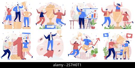 Raccolta di premi aziendali di scene isolate. Persone che celebrano il successo, raggiungono gli obiettivi e vincono, ambientate in un design piatto. Illustrazione vettoriale per blog, sito Web, app mobile, materiali promozionali. Illustrazione Vettoriale