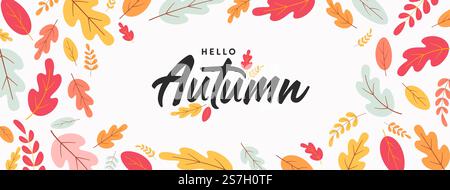 Poster autunnale o banner con foglie colorate autunnali. Saluti e regali per la stagione autunnale. Design del modello di banner per le vendite autunnali per social media e siti Web. Illustrazione Vettoriale