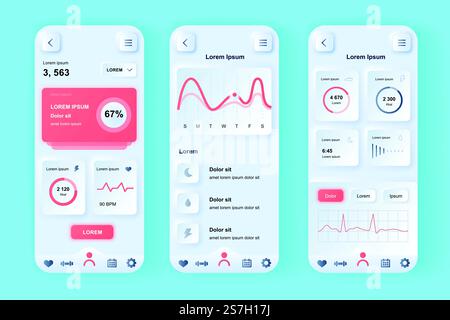 Monitoraggio di salute e attività esclusivo kit di progettazione neomorfica. Applicazione di monitoraggio dello stato con frequenza cardiaca e analisi delle attività. Set di modelli UI UX. Illustrazione vettoriale della GUI per l'app mobile. Illustrazione Vettoriale