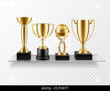 Coppa dei trofei sullo scaffale. Realistiche coppe dorate su scaffali di vetro. Trofei a premi metallici brillanti per il campionato e il business Achievement concept vettoriale isolato. Trofeo sullo scaffale. Realistiche coppe dorate su scaffali di vetro. Concetto di vettoriale a premio metallico brillante per il campionato e il business Achievement Illustrazione Vettoriale