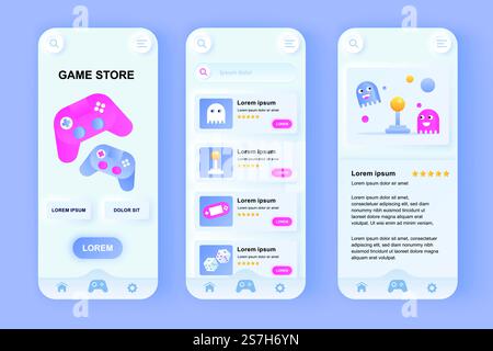 Esclusivo kit di design neomorfo per Game Store. Negozio online di videogiochi per computer, controller di gioco e accessori mobili. Set di modelli UI UX. Illustrazione vettoriale della GUI per un'app mobile reattiva. Illustrazione Vettoriale