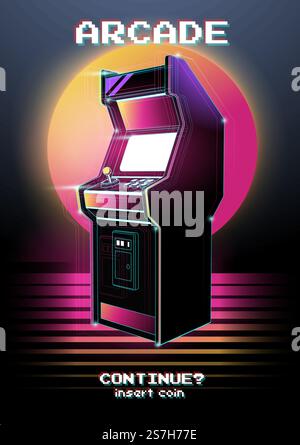 Illustrazione al neon della macchina da gioco Arcade. Videogame rétro, gioco degli anni '80 e '90 Tecnologia e concetto di intrattenimento. Design della pubblicità. Illustrazione Vettoriale