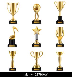 Coppa del trofeo. Realistici coppe e premi dorati in diverse forme, campioni trionfali, vincitori di eventi sportivi di successo premiano il set di competizioni vettoriali. Coppa del trofeo. Coppette e premi realistici in diverse forme, campioni trionfali, vincitori di eventi sportivi e vettoriali Illustrazione Vettoriale