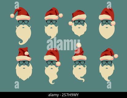 Set vettoriale di volti con cappelli Babbo Natale, baffi e barba. Elementi di design per Natale. Icone delle festività Illustrazione Vettoriale