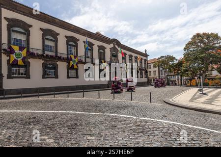Facciate del bellissimo municipio del XVIII secolo nella Piazza Municipale - Praca do Município, nel centro storico di Funchal, Madeira. Foto Stock