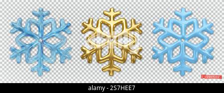 Ghiaccio e fiocchi di neve d'oro. set di icone 3d vector realistic. Decorazioni natalizie Illustrazione Vettoriale