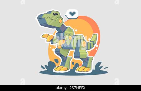 Illustrazione cartoon meccanica T-rex. Robot dinosauro mascotte design. Mostro di ferro preistorico. Illustrazione Vettoriale