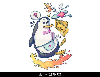 Un goffo cameriere di pinguini. Illustrazione creativa dei cartoni animati. Immagine per stampa, pubblicità, applicazioni e stampa di magliette. Illustrazione Vettoriale