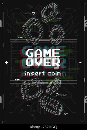 Poster futuristico con elementi di gioco retrò. Gioca su schermo con stile di realtà virtuale. Modello per stampa e Web. Illustrazione Vettoriale