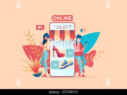 Ragazza e ragazzo sono in piedi vicino a un telefono enorme sotto forma di negozio. Scegli il prodotto e fai acquisti online. Concetto di facilità di pagamento e consegna delle merci. Metafora dello shopping online. Illustrazione vettoriale piatta Illustrazione Vettoriale