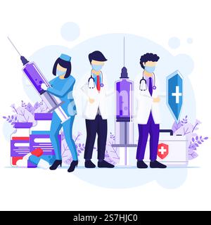 Fight the virus Concept, Dottore e infermieri usano la spada e lo scudo per combattere Covid-19 coronavirus illustrazione Illustrazione Vettoriale