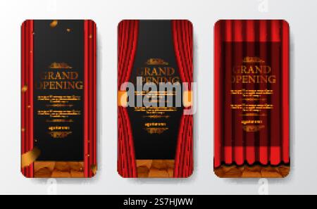 Elegante e lussuoso modello di storie sui social media con tende rosse sul palco con coriandoli dorati e sfondo scuro Illustrazione Vettoriale