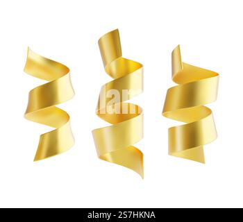 Set di nastri dorati di serpantina isolati su sfondo bianco. Decorazioni per il carnevale, la festa di Natale, la festa di compleanno, il giorno di san valentino. Illustrazione vettoriale. Illustrazione Vettoriale