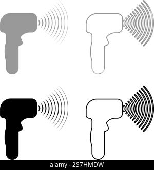 Emettitore di onde termometro manuale a pistola elettronica fronte dispositivo a infrarossi per la misurazione della temperatura Set digitale senza contatto icona grigio nero vettore immagine immagine immagine semplice contorno riempimento solido linea di contorno sottile piatto. Emettitore di onde termometro manuale a pistola elettronica fronte dispositivo a infrarossi per la misurazione della temperatura Set digitale senza contatto icona grigio nero vettore immagine immagine riempimento solido contorno linea di contorno sottile piatto Illustrazione Vettoriale