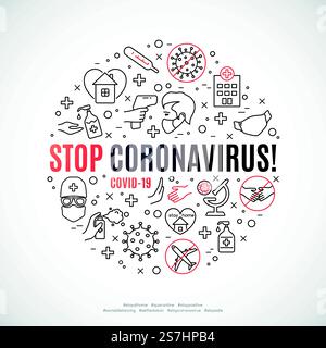 Composizione del cerchio con icone di linea e testo Stop Coronavirus. Concetto di prevenzione della COVID-19. Illustrazione del vettore di stock. Illustrazione Vettoriale