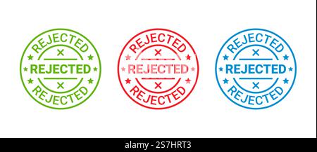 Timbro rifiutato. Badge permesso negato, etichetta. Adesivo rotondo rifiutato. Punto di decisione negativo. Timbro rifiutato. Adesivo rotondo rosso negato. Illustrazione vettoriale. Illustrazione Vettoriale