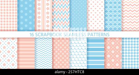 Motivo senza cuciture per album. Sfondo doccia per bambini. Vettore. Crea texture piacevoli con pois, strisce, zigzag, cuore, fiore e onde. Bella stampa geometrica. Illustrazione rosa pastello blu. Carta da imballaggio. Motivo senza cuciture per album. Illustrazione vettoriale. Stampe pastello per la doccia del bambino. Illustrazione Vettoriale