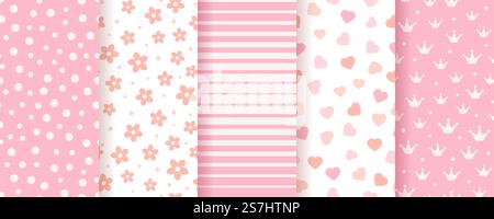 Sfondi senza cuciture per la doccia del bambino. Stampe da bambina rosa. Carini schemi di compleanno. Imposta le texture pastello degli album con punti, strisce, fiori e cuori. Illustrazione vettoriale. Sfondi perfetti per il bambino. Texture rosa pastello per bambina. Illustrazione vettoriale. Illustrazione Vettoriale