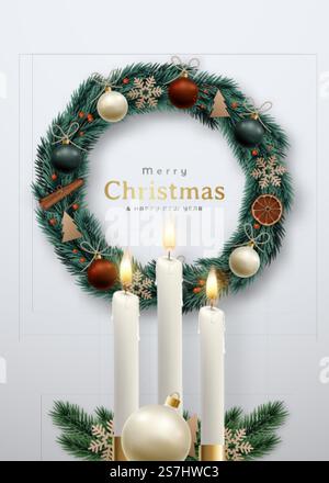 Corona di Natale decorativa e candele accese sullo sfondo della parete grigia. Cannella realistica, fetta di arancia, fiocchi di neve e palle. Accoglienti interni scandinavi. Illustrazione Vettoriale